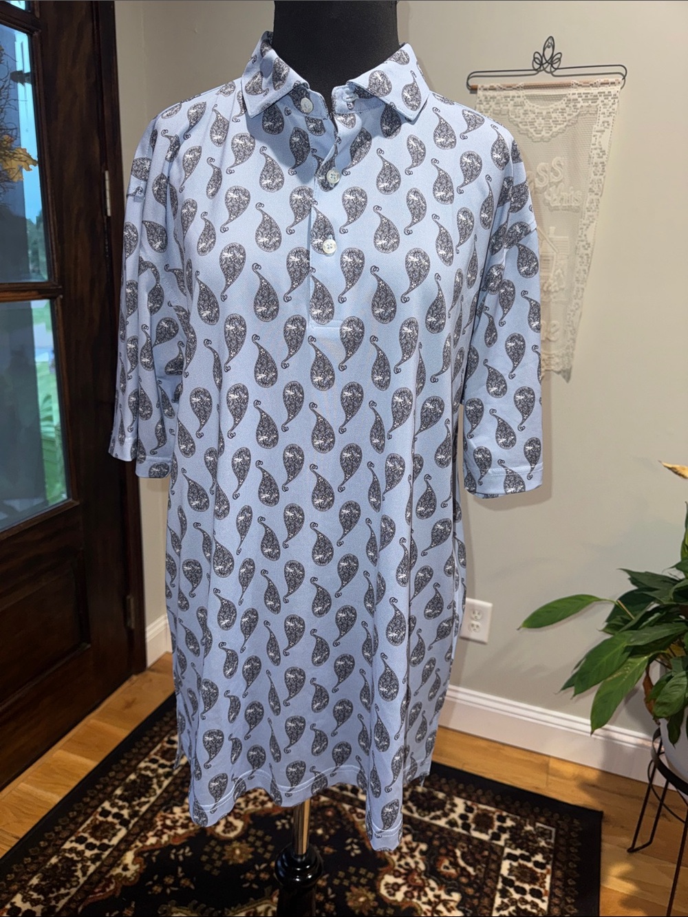 Turtleson Men's Performance Golf Polo Blue/White Paisley print-Size XL
